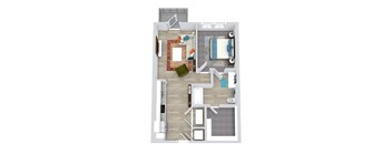 A top down view of a living room, kitchen, and bathroom.