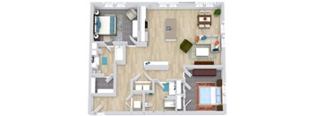 A top-down view of a house interior with a kitchen, living room, and bedrooms.