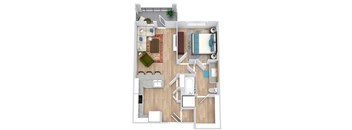 A floor plan of a house with a kitchen, living room, and bathroom.