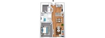 A top-down view of a small apartment with a living room, dining area, kitchen, and bathroom.