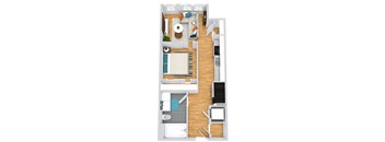 3D Studio apartment with 1 Bath. Entrance hallway has door to bathroom, stackable washer/dryer, and kitchen. Living area in the back of the floorplan with sliding door partition into bedroom with closet.