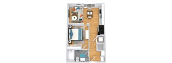 3D Studio apartment with 1 bath. Entrance hallway has coat rack and bench and open shelving. Entrance to Bathroom and washer/dryer. Opens into kitchen and living area. Bedroom off of living area separated by sliding door. 2nd entrance to bathroom from the bedroom. Juliette Balcony.