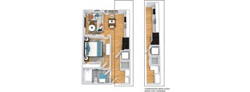 3D Studio apartment with 1 bath. Entrance hallway has coat rack and bench and open shelving. Entrance to Bathroom and washer/dryer. Opens into kitchen and living area. Bedroom off of living area separated by sliding door. 2nd entrance to bathroom from the bedroom. Juliette Balcony.