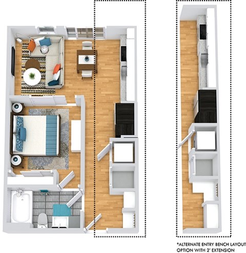 3D Studio apartment with 1 bath. Entrance hallway has coat rack and bench and open shelving. Entrance to Bathroom and washer/dryer. Opens into kitchen and living area. Bedroom off of living area separated by sliding door. 2nd entrance to bathroom from the bedroom. Juliette Balcony.