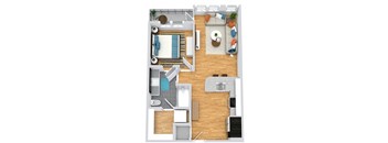 3D 1 bedroom 1 bath floorplan. Entry opens into kitchen with peninsula couters overlooking the living area.  Entrance to bedroom from the living room. Bathroom access available from living as well as bedroom. Walk-in closet with stackable washer/dryer. Balcony off of living room