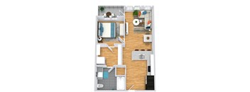 3D 1 bedroom 1 Bath floorplan with entrance open to kitchen with l-shaped countertops overlooking living area. Entrance to bedroom off of living. Walk-in closet with stackable washer/dryer that leads to private bath. Entrance to balcony off of living