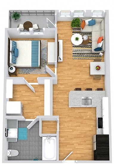 3D 1 bedroom 1 Bath floorplan with entrance open to kitchen with l-shaped countertops overlooking living area. Entrance to bedroom off of living. Walk-in closet with stackable washer/dryer that leads to private bath. Entrance to balcony off of living