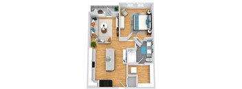 3D 1 bedroom 1 bath floorplan with entrance open to kitchen with l-shaped countertops and island. Open to living area and balcony. Bedroom off of living with entrance to bath. guest entrance to bath from living. Walk-in closet through the bathroom with stackable washer/dryer