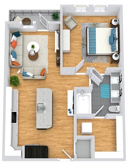 3D 1 bedroom 1 bath floorplan with entrance open to kitchen with l-shaped countertops and island. Open to living area and balcony. Bedroom off of living with entrance to bath. guest entrance to bath from living. Walk-in closet through the bathroom with stackable washer/dryer