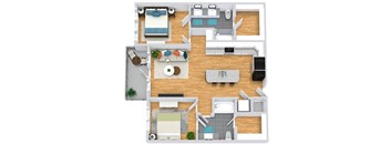 3D  2 bedroom 2 bath floorplan. entrance opens to stackable washer/dryer closet and l-shaped kitchen with island. Large living space. Bedrooms on opposite sides of floorplan. primary bath has double sink vanity, standalone shower and and walk-in closet. Other bedroom has guest bath and walk-in closet