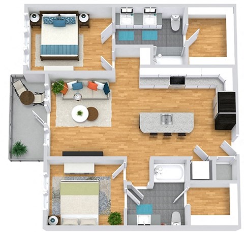 3D  2 bedroom 2 bath floorplan. entrance opens to stackable washer/dryer closet and l-shaped kitchen with island. Large living space. Bedrooms on opposite sides of floorplan. primary bath has double sink vanity, standalone shower and and walk-in closet. Other bedroom has guest bath and walk-in closet