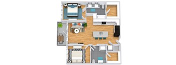 3D 2 Bedroom 2 bath floorplan with L-shaped kitchen, pantry, w/d. one bathroom has a tub/shower while the other is a standalone shower. Bedrooms on opposite sides of the floorplan. Walk-in closets. balcony off of living area.