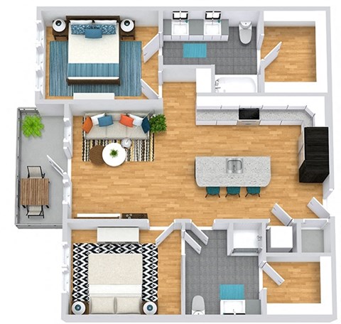 3D 2 Bedroom 2 bath floorplan with L-shaped kitchen, pantry, w/d. one bathroom has a tub/shower while the other is a standalone shower. Bedrooms on opposite sides of the floorplan. Walk-in closets. balcony off of living area.