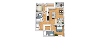 3D 2 bedroom 2 bath floorplan. entrance opens to full size washer/dryer closet. round the corner to the kitchen with island that overlooks the dining and living area. One bedroom off of living area with walk-in closet and bath. guest bedroom down the hall behind the kitchen area. hall also leads to guest bath. Balcony access from living room.