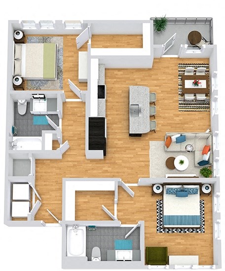 3D 2 bedroom 2 bath floorplan. entrance opens to full size washer/dryer closet. round the corner to the kitchen with island that overlooks the dining and living area. One bedroom off of living area with walk-in closet and bath. guest bedroom down the hall behind the kitchen area. hall also leads to guest bath. Balcony access from living room.