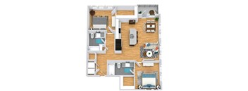 3D 2 bedroom 2 bath floorplan. entrance opens to full size washer/dryer closet. round the corner to the kitchen with island that overlooks the dining and living area. One bedroom off of living area with walk-in closet and bath. guest bedroom down the hall behind the kitchen area. hall also leads to guest bath. Balcony access from living room.