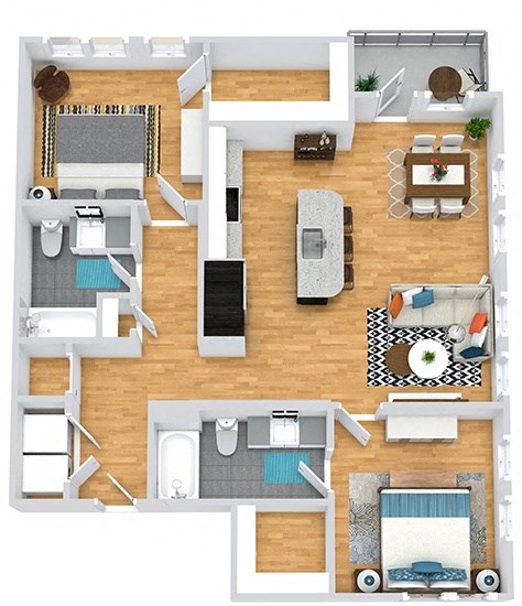 3D 2 bedroom 2 bath floorplan. entrance opens to full size washer/dryer closet. round the corner to the kitchen with island that overlooks the dining and living area. One bedroom off of living area with walk-in closet and bath. guest bedroom down the hall behind the kitchen area. hall also leads to guest bath. Balcony access from living room.