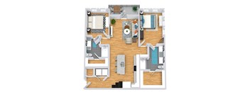 3D  2 bedroom 2 bath floorplan. Entrance opens to full size washer/dryer closet and leads to kitchen with a bench and hooks and open shelves. Kitchen with l-shaped counters and island. open to living area. Bedrooms on opposite sides of the floorplan with bathrooms and walk-in closets. balcony access off of living room