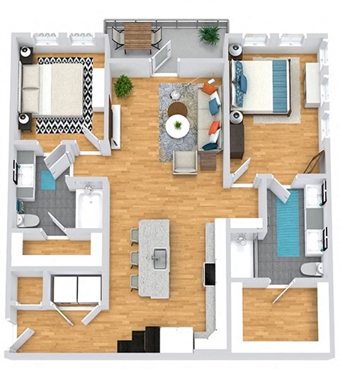 3D  2 bedroom 2 bath floorplan. Entrance opens to full size washer/dryer closet and leads to kitchen with a bench and hooks and open shelves. Kitchen with l-shaped counters and island. open to living area. Bedrooms on opposite sides of the floorplan with bathrooms and walk-in closets. balcony access off of living room