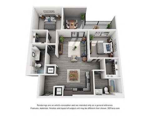 2 bedroom floorplan. L-shaped kitchen overlooking dining and living area.  bedrooms on opposite sides of the apartment. Walk-in closets. 2 bathrooms. W/D in kitchen area.