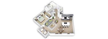 A floor plan of a house with a living room, kitchen, and two bedrooms.