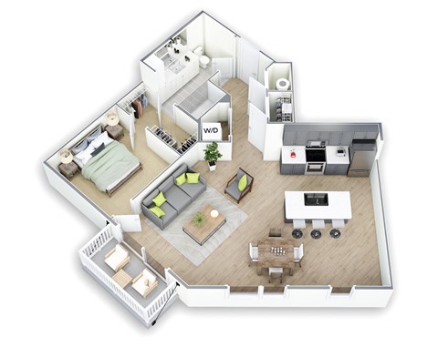 A floor plan of a house with a living room, kitchen, and two bedrooms.
