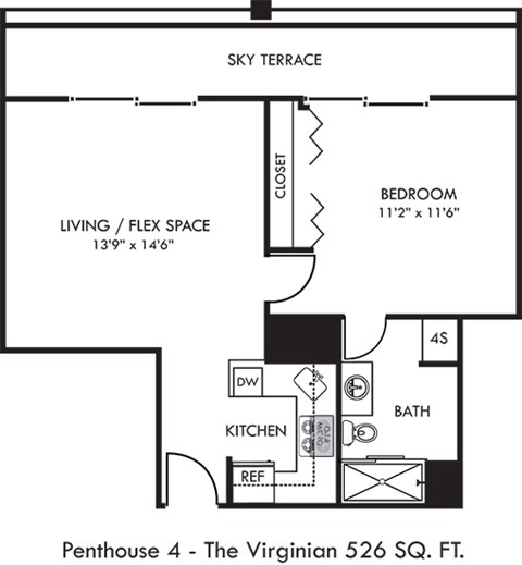 A black and white image of a floor plan for a penthouse apartment.