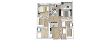 2 bedroom 2 bath Palmetto floorplan. Entry opens to l-shaped kitchen with peninsula overlooking living area. bedrooms on opposite side of the floorplan. one bedroom has private bath the other has guest access. Laundry closet in kitchen. balcony/patio access off of living room.