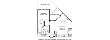 The Patterson with Attached Garage and Fenced-in Yard. 1 bedroom apartment. Kitchen with island open to living/dinning rooms. 1 full bathroom. Walk-in closet. Patio/balcony.