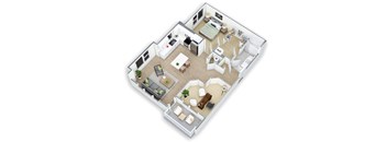 A 3D floor plan of a house with a living room, kitchen, and two bedrooms.