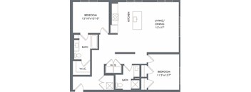 2 bedroom floorplan. Entrance hall leads to kitchen/living/dining areas. guest bathroom with standalone shower. bedrooms on opposite ends of apartment. primary bedroom has private bathroom that leads to Walk-in closet. W/D.