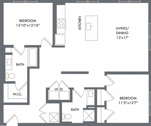 2 bedroom floorplan. Entrance hall leads to kitchen/living/dining areas. guest bathroom with standalone shower. bedrooms on opposite ends of apartment. primary bedroom has private bathroom that leads to Walk-in closet. W/D.