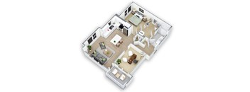 A 3D floor plan of a house with a living room, kitchen, and two bedrooms.