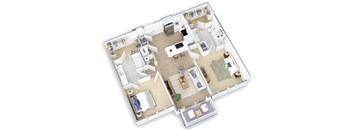 A top-down view of a well-organized apartment with a kitchen, living room, and bathroom.
