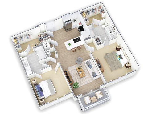 A top-down view of a well-organized apartment with a kitchen, living room, and bathroom.
