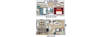 2 bedroom floorplan in 3D. L-shaped kitchen overlooking dining area, living room and full bath with shower on 1st floor. bedrooms and full bath on 2nd floor. stackable w/d in one bedroom.