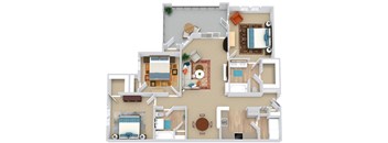 A 3D floor plan of a house with various rooms and furniture.
