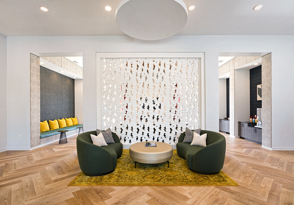 a living room with a couch and a table