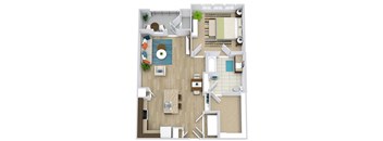 overhead view of a 1 bedroom 1 bath apartment home. L-shaped kitchen at entrance along with laundry closet. Kitchen island. Built in shelves in dining/living area. bedroom with private bath access. closet attached to bath. Pato/balcony access off a living room.