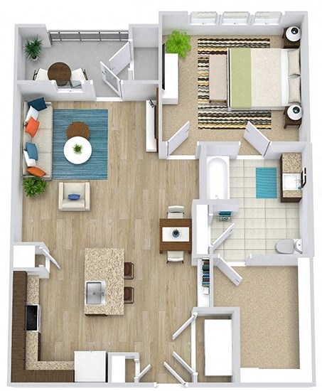 overhead view of a 1 bedroom 1 bath apartment home. L-shaped kitchen at entrance along with laundry closet. Kitchen island. Built in shelves in dining/living area. bedroom with private bath access. closet attached to bath. Pato/balcony access off a living room.