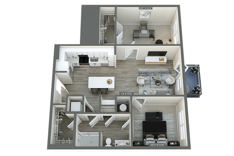 a 3d floor plan of a house with a bedroom and a living room