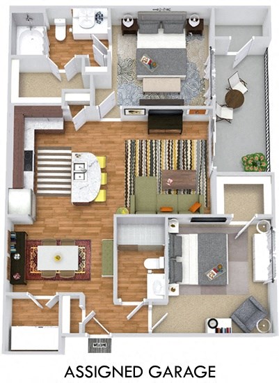 The Sage with Assigned Garage 3D. 2 bedroom apartment. Kitchen with island open to living/dinning rooms. 2 full bathrooms, shower stall in master. Walk-in closets. Patio/balcony.