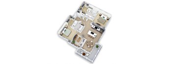 A top-down view of a house layout with a living room, kitchen, and two bedrooms.