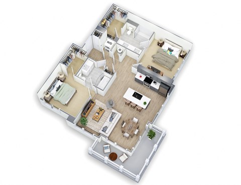 A top-down view of a house layout with a living room, kitchen, and two bedrooms.