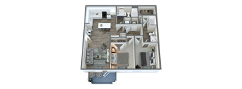 A floor plan of a house with a living room, kitchen, and two bedrooms.