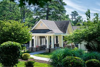 A house with a porch surrounded by greenery.