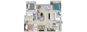 The Barton 3 bedroom apartment. Kitchen with bartop open to living & dining rooms. 2 full bathrooms, double vanity in guest bathroom. Walk-in closet in master. Patio/balcony.