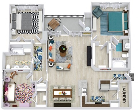 The Barton 3 bedroom apartment. Kitchen with bartop open to living & dining rooms. 2 full bathrooms, double vanity in guest bathroom. Walk-in closet in master. Patio/balcony.