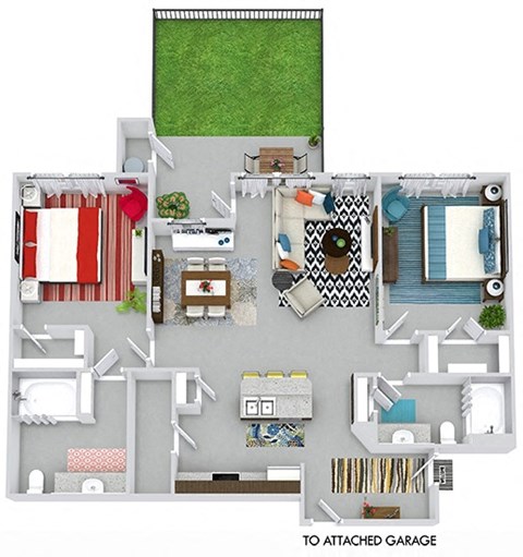 Nelson with garage and yard 3D 2 bedroom apartment. Kitchen with island open to living & dining rooms. 2 full bathrooms. Walk-in closet in both bedrooms. Patio with Fenced-in Yard