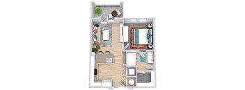 a floor plan that includes a bedroom with an attached bathroom and walk in closet, a kitchen with an "L" shaped counter with barstool seating, a living area, and an outdoor patio/balcony space